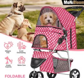 Pink and white polka dot dog stroller