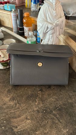 Gray Leather Clutch Bag with Gold Clasp