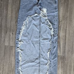Distressed Denim Skirt — asymmetrical cut (sz. 26)