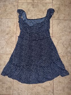 Navy Blue & White Polka Dot Smocked Mini Dress – Ruffle Hem – Size L – Cottagecore