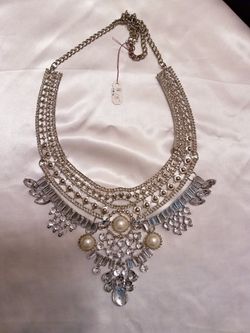 Silver, crystal, and pearl bib necklace