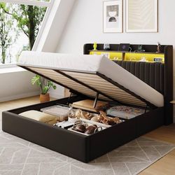 Queen Size Lift Up Storage Bed Frame/LED Lights/Charging Station/2-Tier Shelves