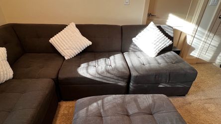 Dark Gray Fabric Sectional Sofa with Ottoman and Throw Pillows