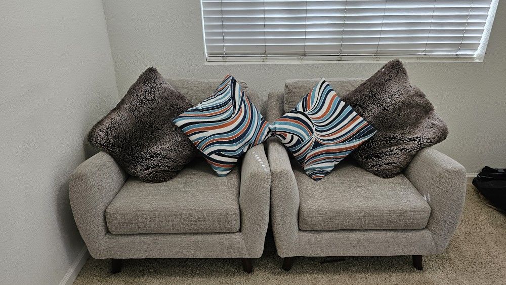 Two Modern Comfortable Accent Chairs/Sofas with Throw Pillows
