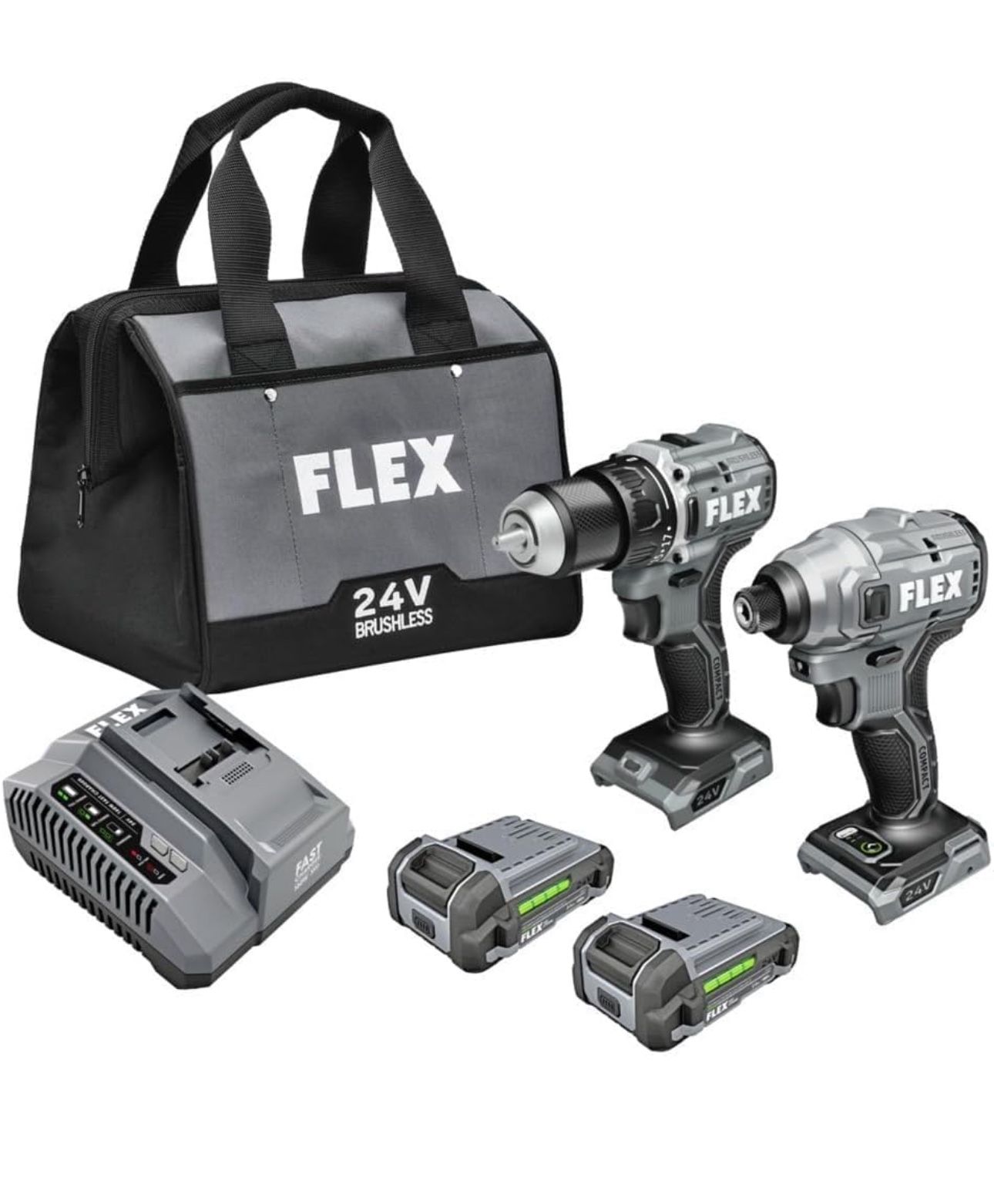 FLEX 24V Brushless Cordless 2-Tool Compact Combo Kit: 1/2-Inch 2-Speed Drill Driver and 1/4-Inch Hex Impact Driver with (2) 2.5Ah Lithium Batteries an