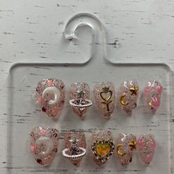 Sailor Moon Press Gel X On Nails Glitter Girly Almond Nails Cute Nails