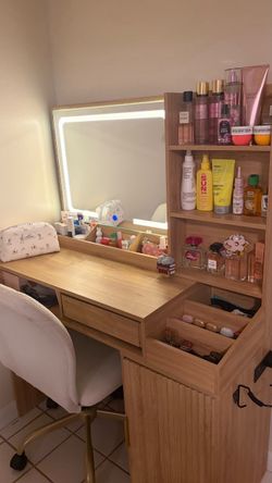 Brown Vanity Desk with LED Lighted Mirror, 3 Lighting Modes & Rolling Chair