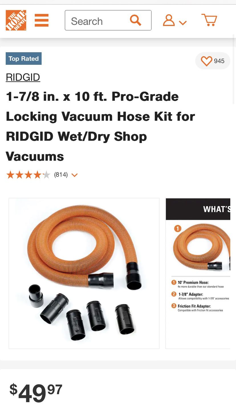 RIDGID 1-7/8 in. x 10 ft. Pro-Grade Locking Vacuum Hose Kit for