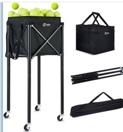 Portable Tennis Ball Hopper & Pickleball Basket, Foldable Tennis Ball Cart with Storage Bag, Multi-Sport Ball Collector for Training & Practice