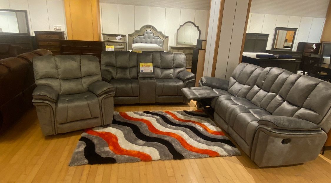 Barcelona, soft gray reclining sofa and loveseat set $999. Single recliner chair $399. Easy finance option. Same day delivery.