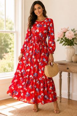 VOGGO Red Floral Maxi Dress – Boho Tiered Long Sleeve Dress – Size Small