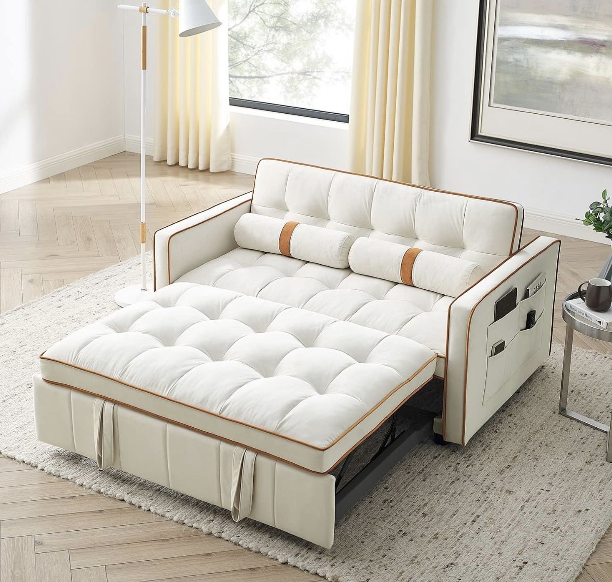 3 in 1 Sleeper Sofa Couch Bed, Small Tufted Velvet Convertible Loveseat Futon Sofa w/Pullout Bed