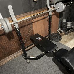 "Body Vision" Weight Bench & Leg Press set /dumbbells and weights