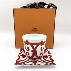 Hermes Balcon du Guadalquivir Red Votive Candle Holder Set with Square Plate N°2 HTF (BNIB/NEVER USED OR DISPLAYED)