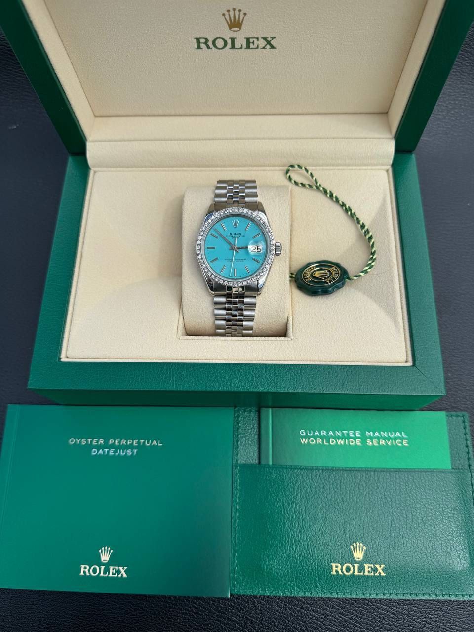 Rolex Date 34mm Tiffany blue turquoise dial diamond bezel stainless steel jubilee bracelet watch