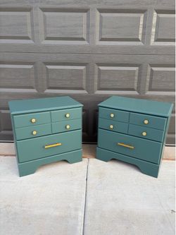 Refinished Solid Wood Nightstand Set – Sage Green & Gold Hardware – Matching Pair