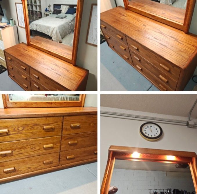 Brown Oak Dresser With Detachable Lit Mirror