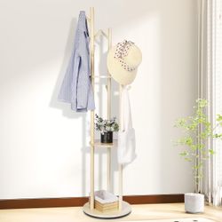 New Coat Rack Freestanding - Rotating, 3 Shelves, 9 Hooks (In Box)