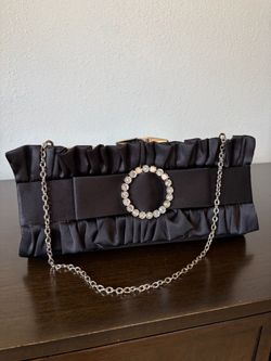 Black Satin Ruffle Clutch with Chain Strap