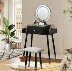 Black Makeup Vanity Table Set with Stool, Vanity Table with Mirror and Light Power Outlet, Adjustable