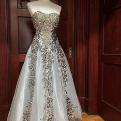 JOVANI Bead & Sequin Gown - Silver, Gold, Sky blue