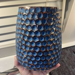 cute mercury glass w/ blue textured geometric organic natural pattern design hurricane candle holder / vase coastal beach decor motif