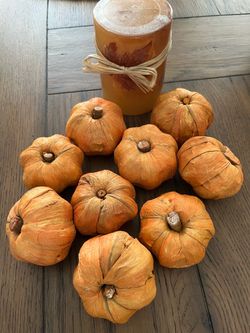 Set of 9 Decorative Mini Pumpkins & Candle