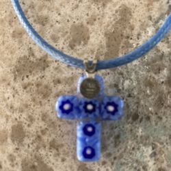 Murano Glass Cross Pendant Necklace On Cord Blue Blown Glass Silver Clasp