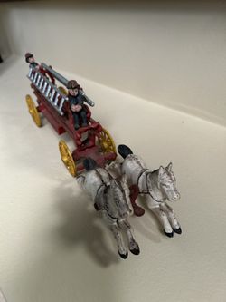 Antique Cast-Iron Fire Truck Toy Horse Drawn w/Fireman and Ladders