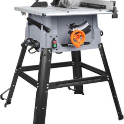 10 Inch Table Saw with Stand, 15A 5000RPM Portable Benchtop Saw, 45°Bevel Cutting Tabletop Saw for Woodworking