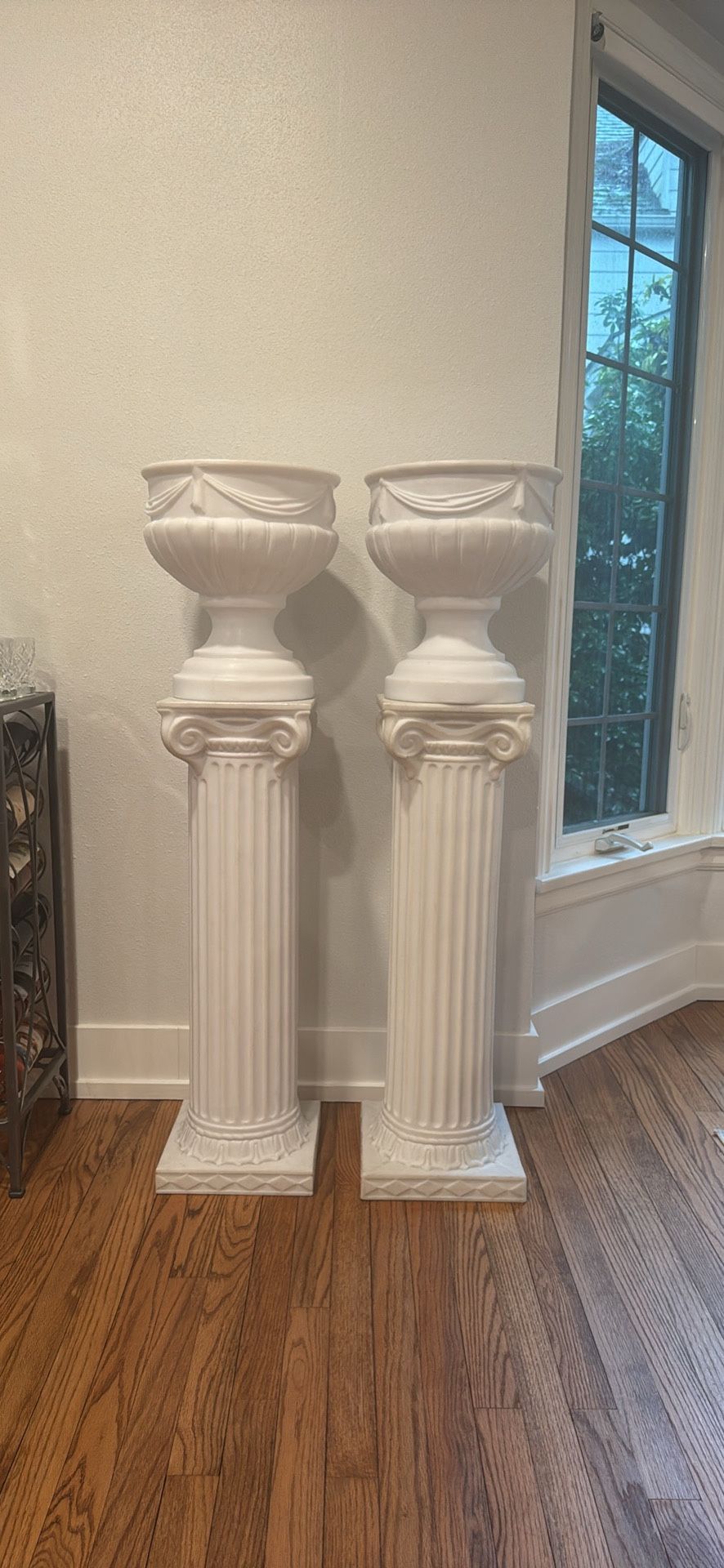 2 White Floral Pillars w/ vases (9.5” x 9.5” x 32”)