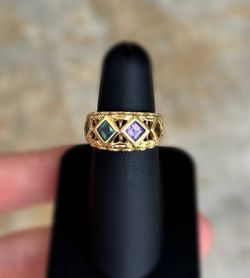 Vintage Jewelry 14k solid yellow gold purpurite garnet aquamarine stone 3.50TW ring size 7.0
