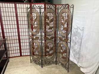 Wrought Iron Three Panel Room Divider with Woven Rattan Detail