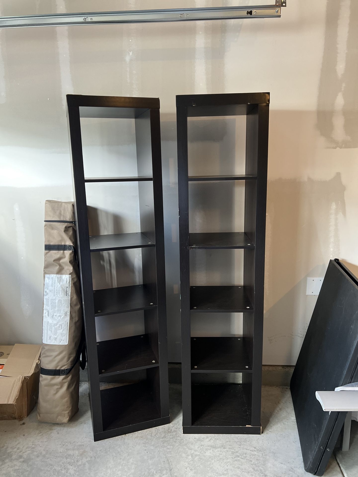 Pair of Tall Narrow Bookshelves / Display Towers – Dark Wood Finish