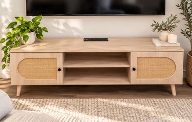 Modern Light Oak TV Stand with Cane Doors & Built-In Outlets