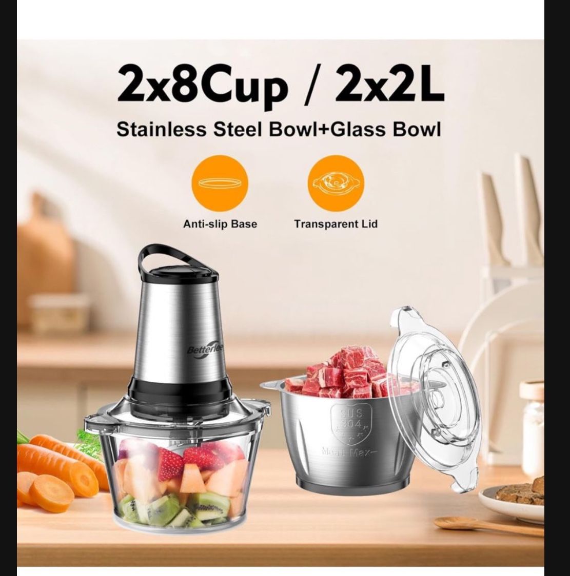 Meat Grinder, 500W Powerful Food Processor with Handle, 2 Bowls(8 Cup+8 Cup)-Includes 1 Set of Bi-Level Blades, Electric Veggie Chopper for Family, Ba