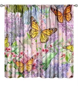 Butterfly Curtains Spring Plant Flowers Yellow Butterflies Watercolor Rustic Gir