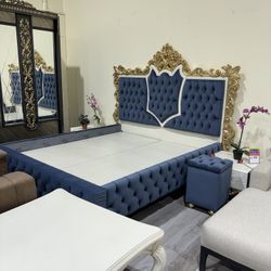 Traditional Bed Frame , Mattress, 2 Night Stands And Puff! Available For Immediate Delivery 