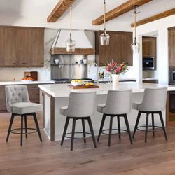 Set of 4, 26''H Swivel Counter Height Bar Stools with Backs for Home Kitchen Island, fabric， Roman Swivel Counter Stool，gray