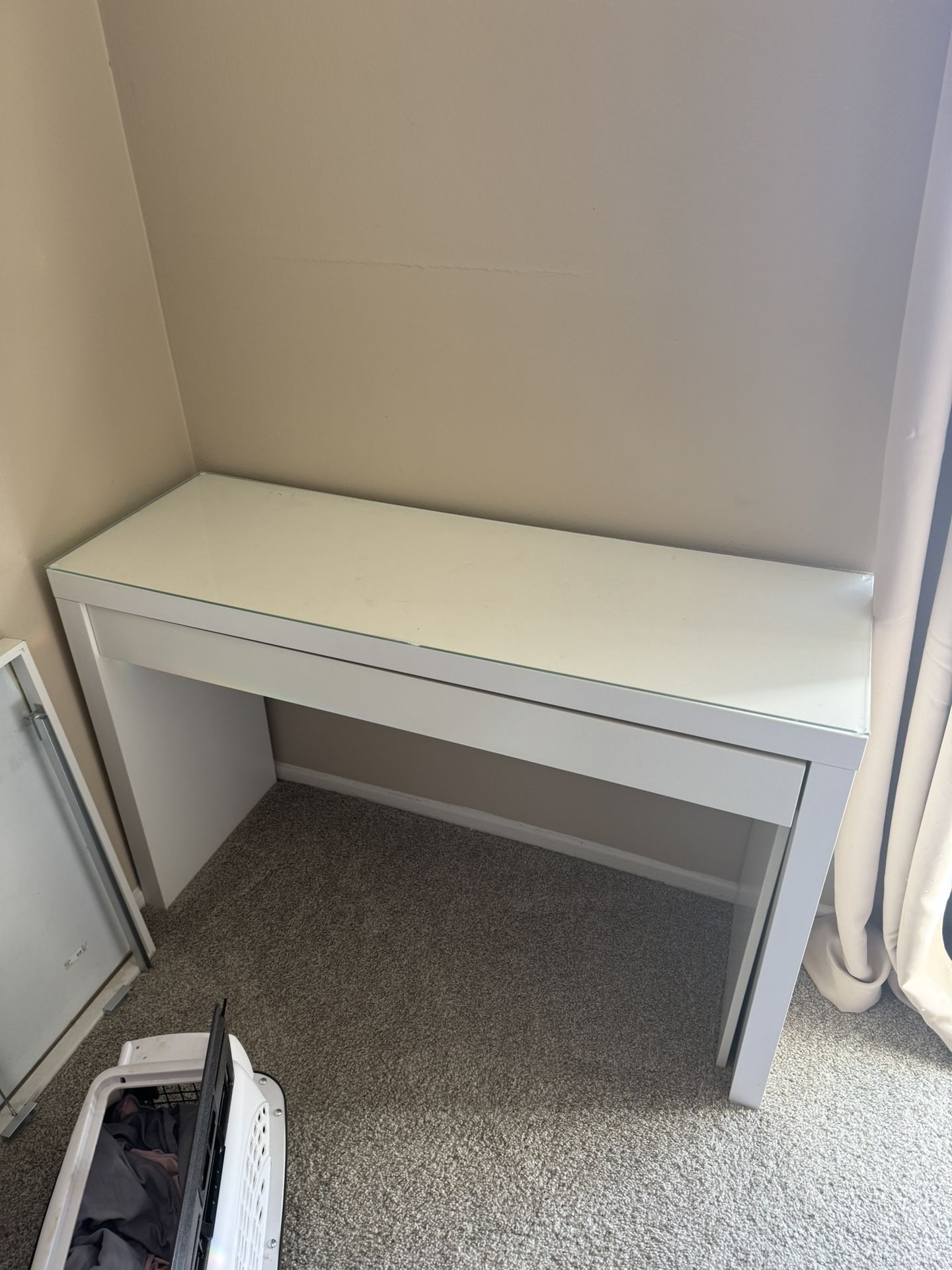 IKEA White Wooden Table with Vanity Mirror and Glass Tabletop Panel