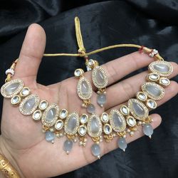 Monalisa Gray  Kundan Necklace Choker Set Indian Bollywood Pakistani Jewellery Set 