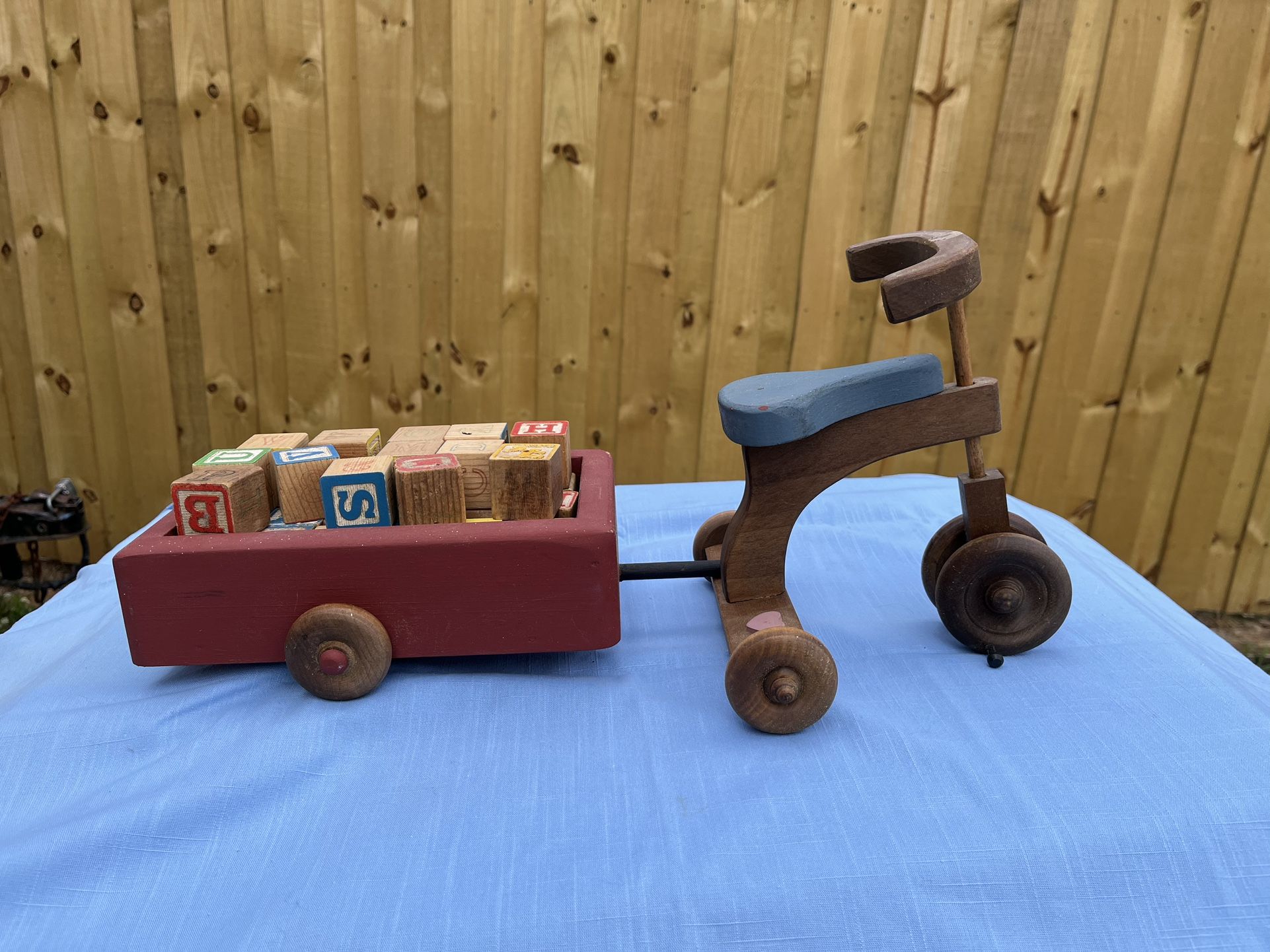 Vintage Decorative Wooden Tricycle With Wagon And Blocks