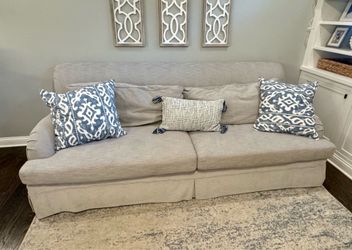 2 Matching Slipcovered Sofas + 2 Cube Ottomans + Rug + End Table | Excellent Condition