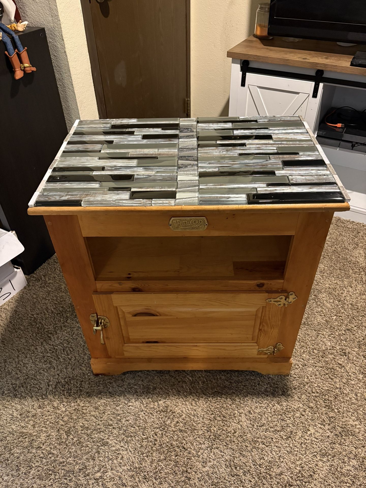 White Clad Ice Box Side Table with Custom glass tile top