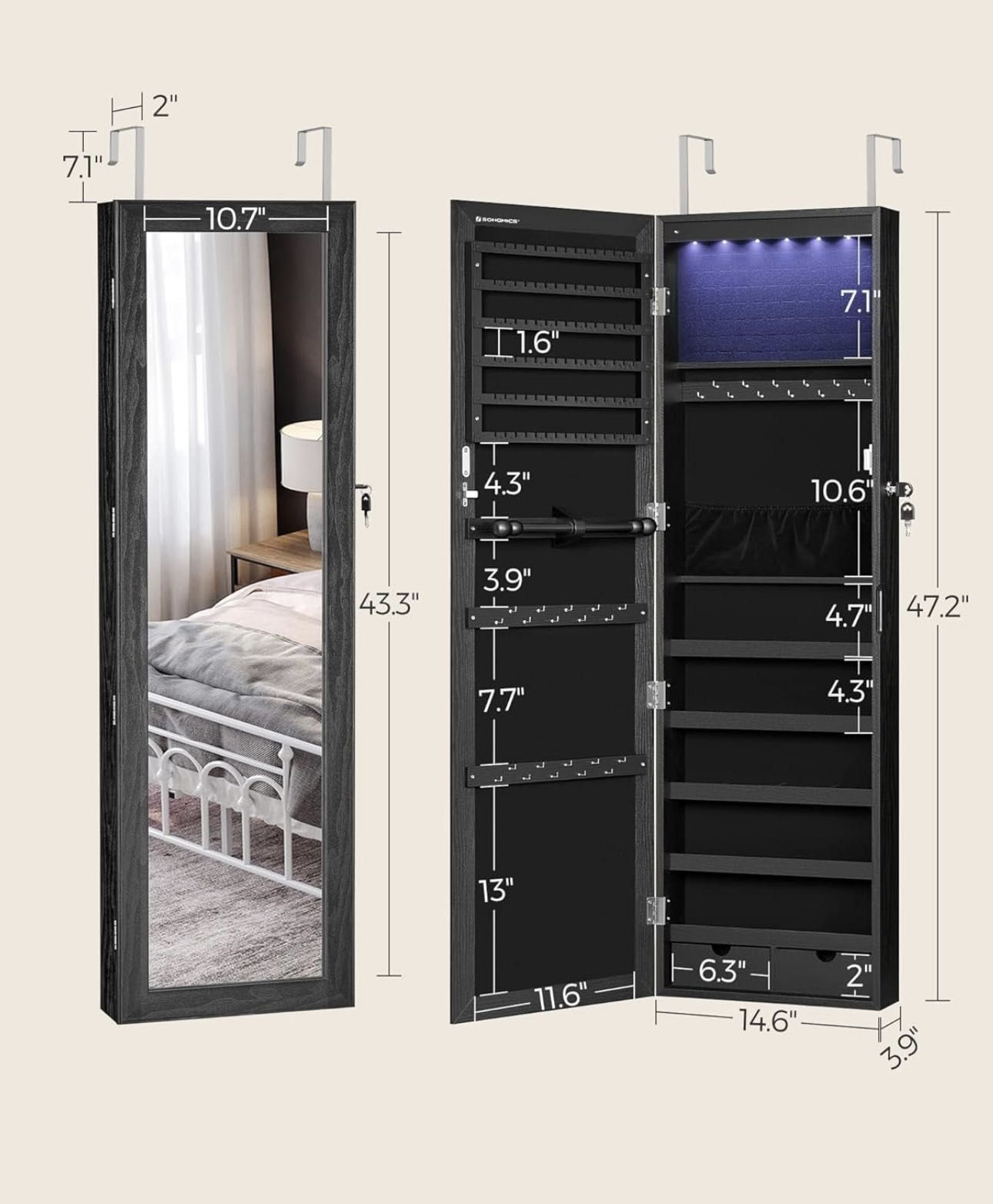 6 LEDs Mirror Jewelry Cabinet