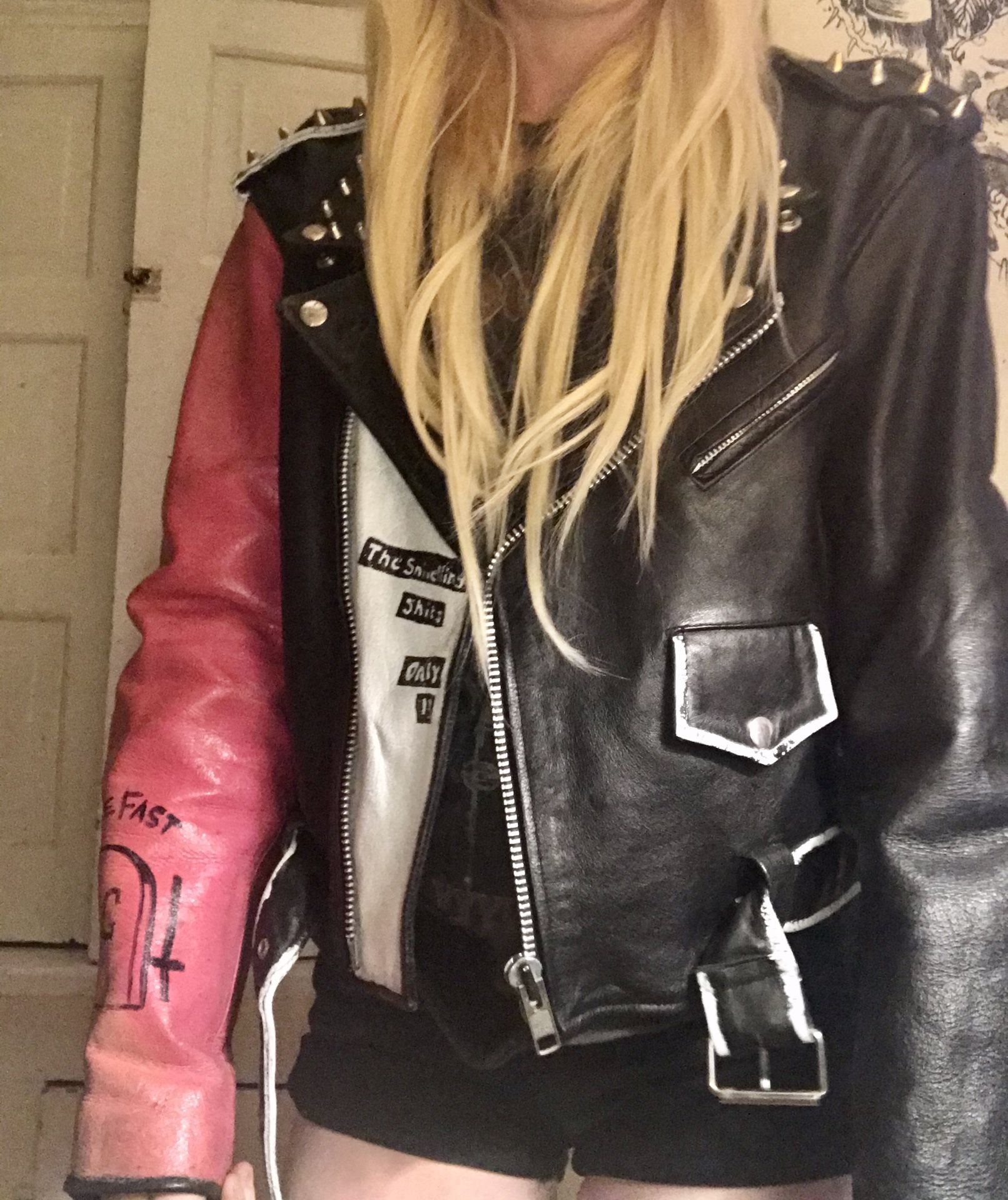Black and Hot pink studded leather jacket by Bonus Genuine Leather