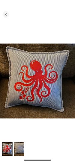 Handcrafted Red Octopus on Blue and White Stripes Pillow 13x13 Néw