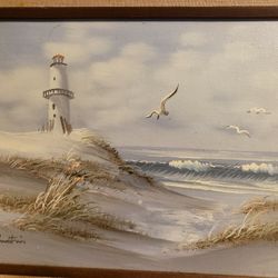 Light House Beach Painting Canvas Signed