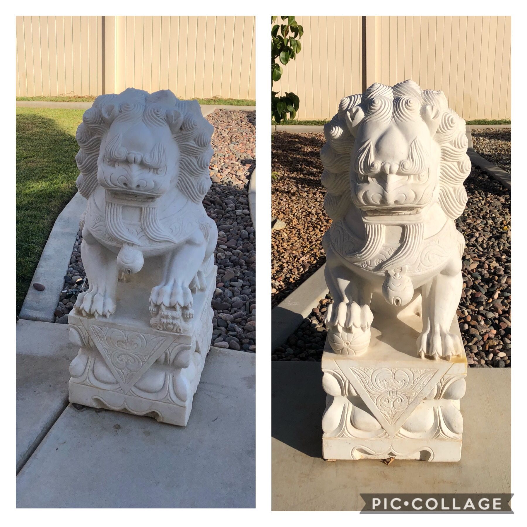 Original Pair Of Chinese Carved Marble Foo Dogs 36” Tall