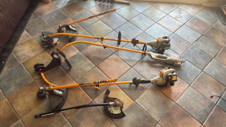 Ryobi Electric and Gas units with 4 weed eater and 2 edger attachments.
